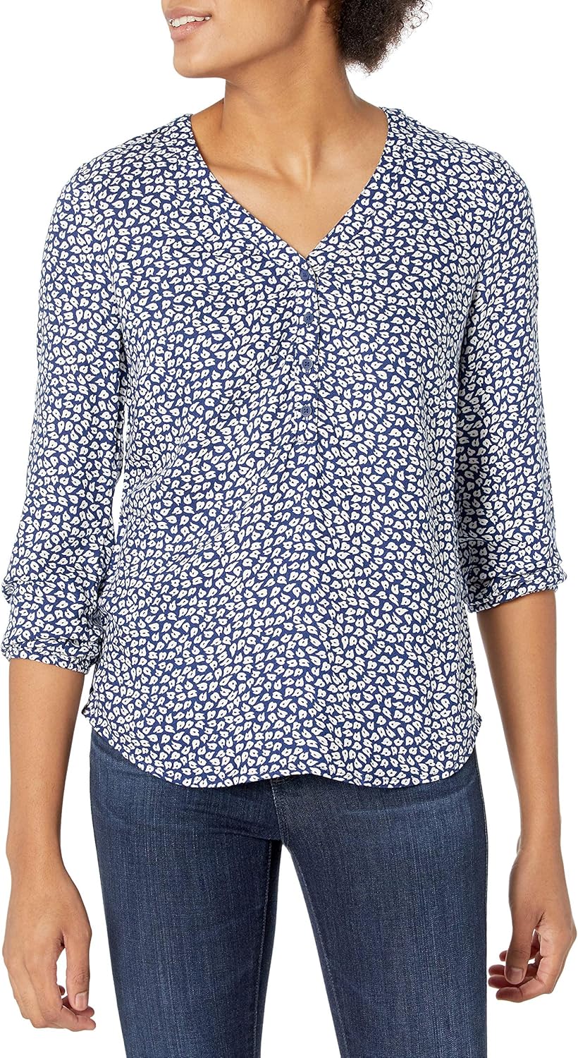 Amazon Essentials womens 3/4 Sleeve Button Popover Shirt, Loose-Fit V-Neck Blouse